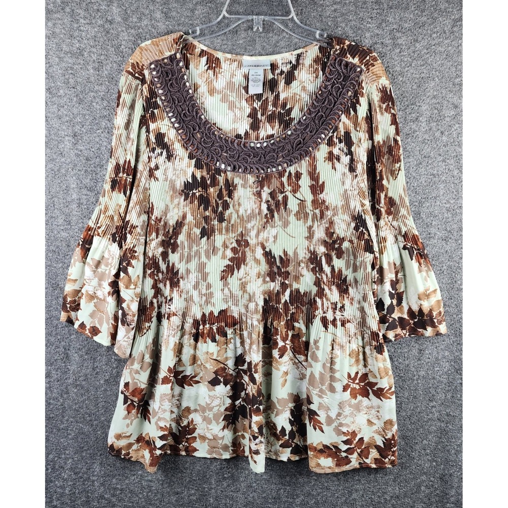 Catherines Blouse Womens 2X Leaf Print Brown Pleated Bell Sleeve Peplum EUC